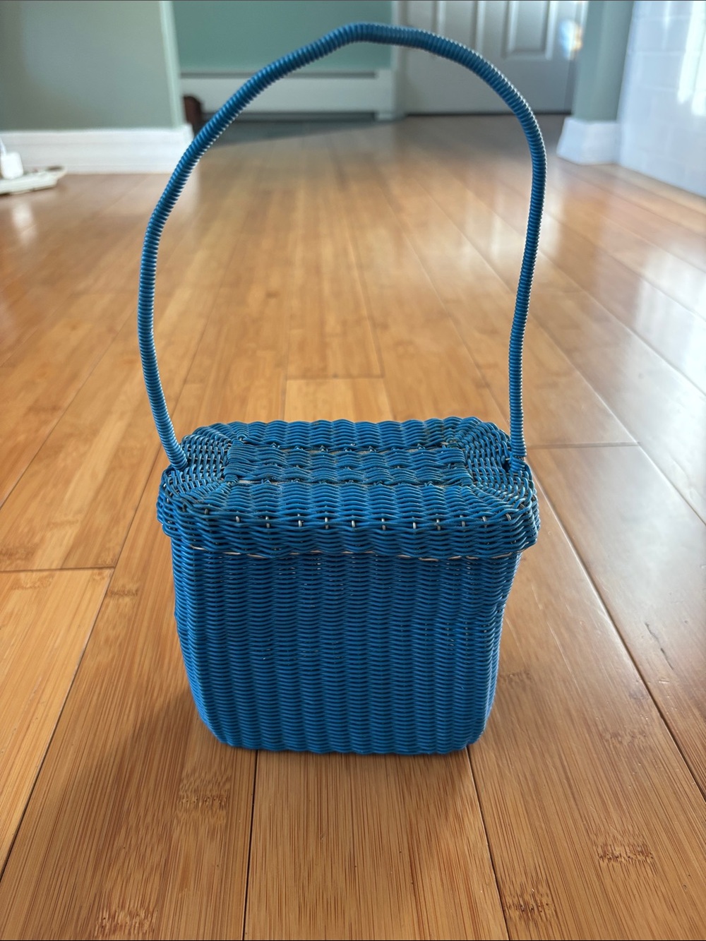 Vintage Blue Mini Plastic Woven Sewing Basket Purse with Top Handle